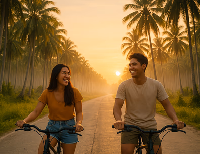 Young Filipino couple standing on Siargao’s coconut road at sunrise with tall palms and soft mist