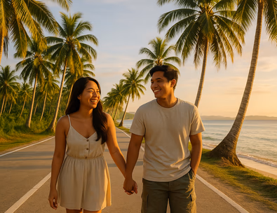 Young Filipino couple walking a palm framed coast road in Siquijor at golden hour with turquoise water and distant islets