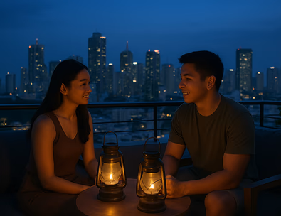 Young Filipino couple on a rooftop lounge at blue hour with city lights sparkling and soft drinks in hand