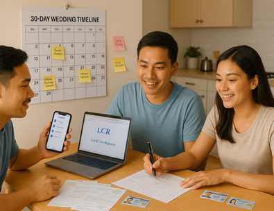 Young Filipino couple planning a 30 day civil wedding timeline with documents and calendar