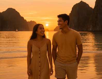 Young Filipino couple on a shallow Palawan sandbar at golden hour limestone cliffs behind and a paraw sail in the distance