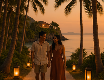 Young Filipino couple walking a secluded palm path to a villa at golden hour with calm turquoise water below