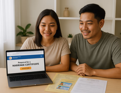 Young Filipino couple preparing PSA Marriage Certificate request at home