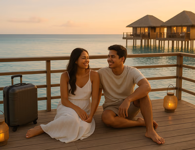 Young Filipino couple on a quiet overwater deck at sunset with resort lights and calm sea suggesting easy bundled days