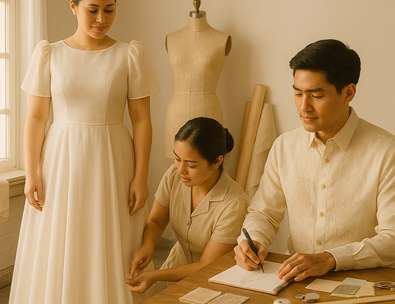 Young Filipino couple at a Manila atelier couturier pins the hem breathable lining peeks from the gown groom in a barong reviews sketches