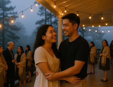 Young Filipino couple under string lights on a pine lined veranda as fog rolls in and guests mingle with shawls and warm drinks