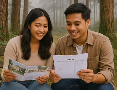 Young Filipino couple under pine trees reviewing venue options and a budget sheet as cool mist settles over Baguio