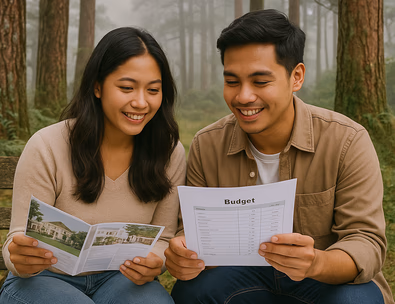 Young Filipino couple under pine trees reviewing venue options and a budget sheet as cool mist settles over Baguio