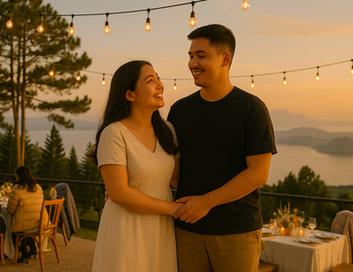 Young Filipino couple overlooking Tagaytay ridge at sunset with string lights and a cozy reception setup