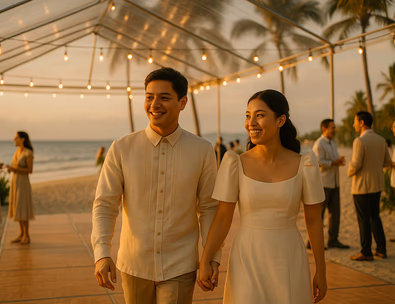 Young Filipino couple at a sunset beach reception with clear canopy warm lights firmed pathways and guests relaxing despite a gentle breeze