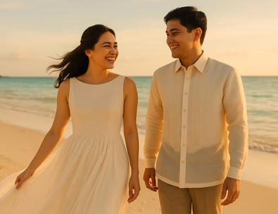 Young Filipino couple on a white sand beach bride in airy chiffon gown moving with the breeze groom in barong turquoise water and soft light