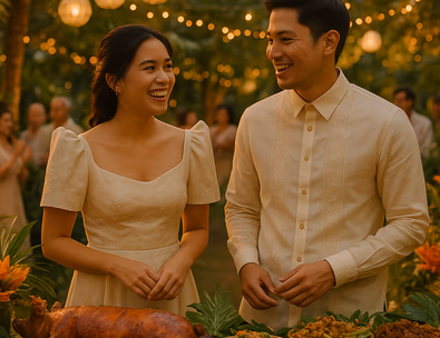 Young Filipino couple sharing a toast beside a vibrant reception spread with lechon platters kakanin desserts and capiz lit garden scene