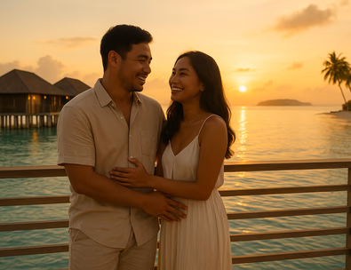 Young Filipino couple on a private deck over clear water at sunset with villa lights glowing and calm sea below