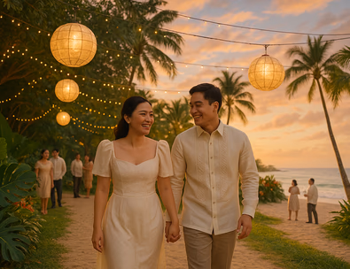 Young Filipino couple walking a seaside garden path at golden hour with soft breeze capiz lanterns and guests mingling