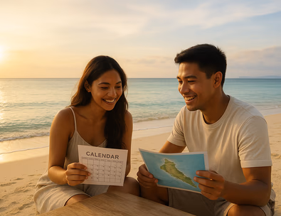 Young Filipino couple on a quiet beach checking a paper calendar and island map while the sky shifts from sun to soft cloud