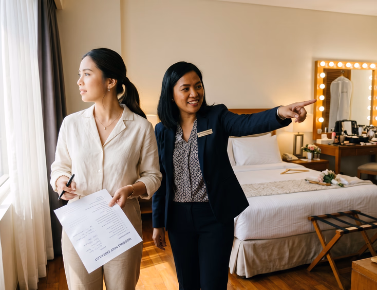 A Filipino bride-to-be inspects natural light in a wedding preparation suite with a hotel coordinator during a venue tour.