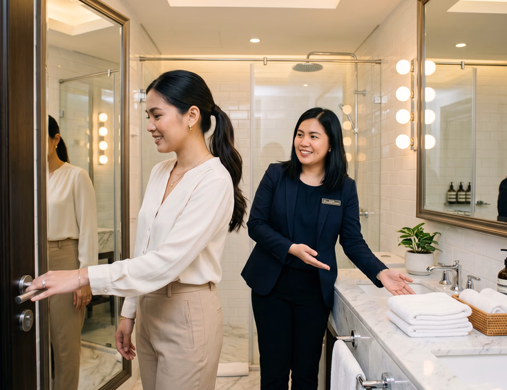 A Filipino bride-to-be and a hotel coordinator inspect the bathroom and vanity lighting of a wedding preparation suite.