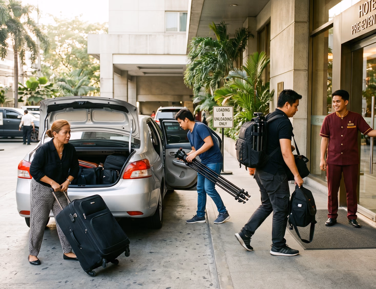 Filipino wedding vendors, including a makeup artist and photographer, unload equipment at a hotel loading bay on a preparation morning.