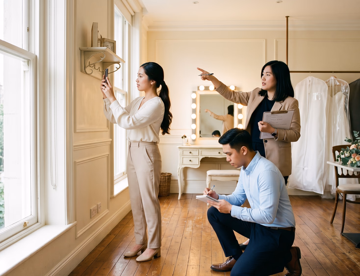 A Filipino couple and their wedding planner conduct a detailed walkthrough of a wedding preparation suite, checking outlets and lighting.