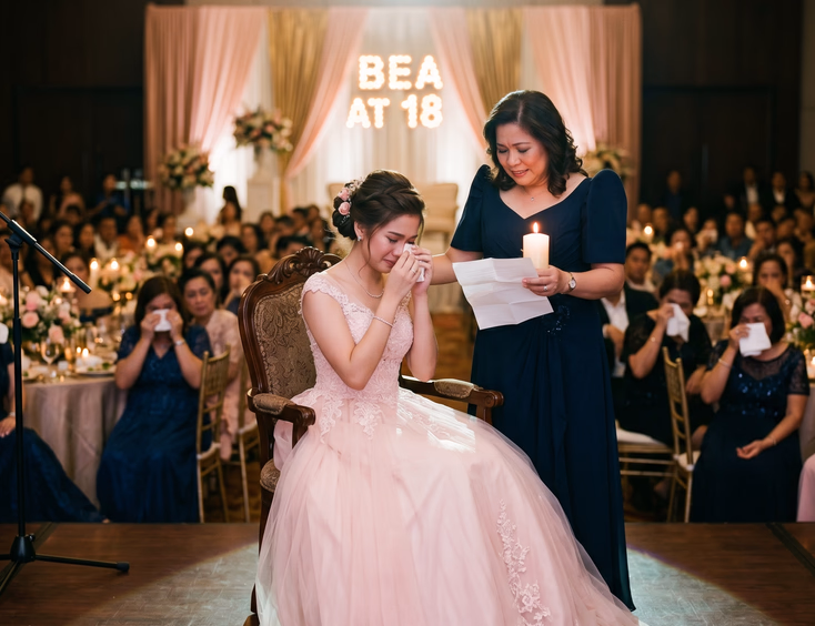 Tearful Filipina debutante sits on stage as her mother holds a lit candle and reads an emotional 18 candles speech in a ballroom venue.
