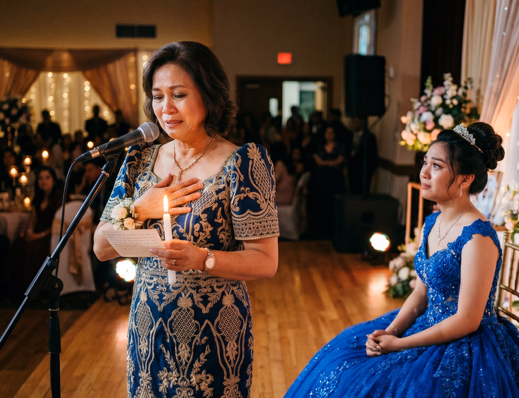 A Filipina godmother reads an emotional speech while holding a lit candle as the debutante watches from the stage under a spotlight.