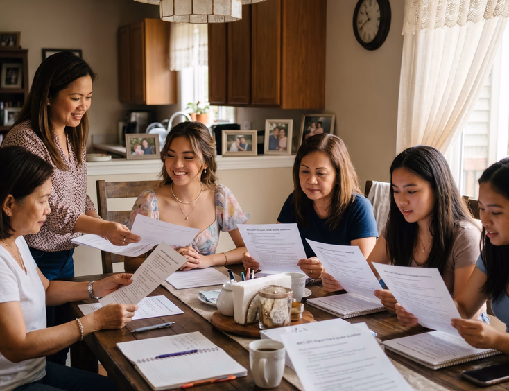 A young Filipina debutante and event coordinator hand out printed program flow sheets and speaker briefs to friends at a home meeting.