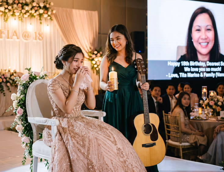 Tearful Filipina debutante watches a relative's video message on stage while her best friend holds a lit candle and an acoustic guitar.