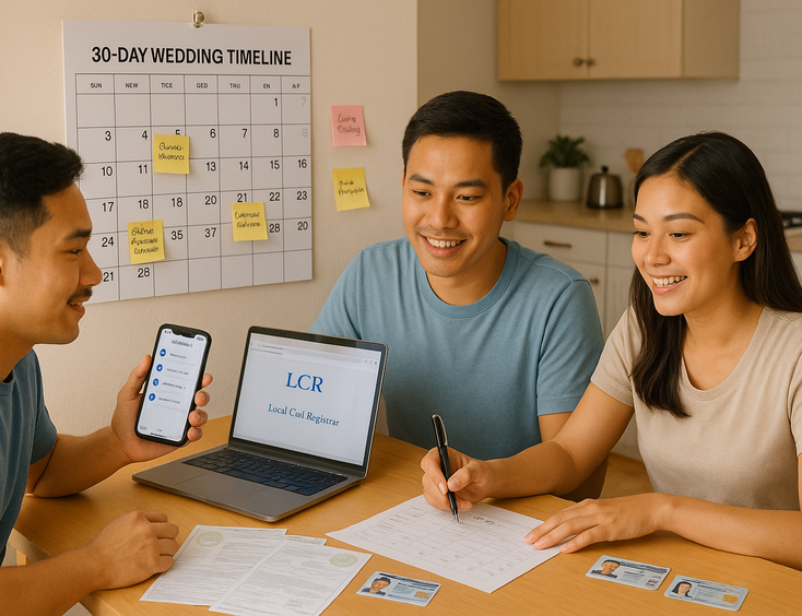 Young Filipino couple planning a 30 day civil wedding timeline with documents and calendar