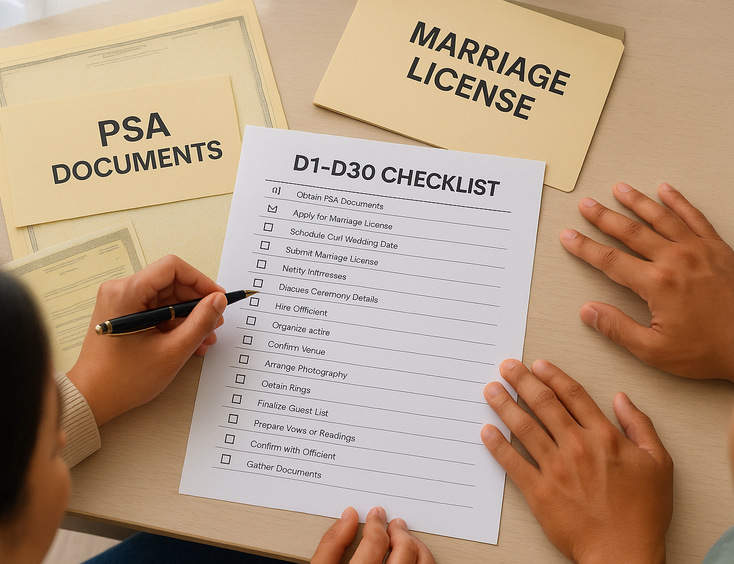 Overhead view of a 30 day civil wedding checklist with PSA papers and license folder