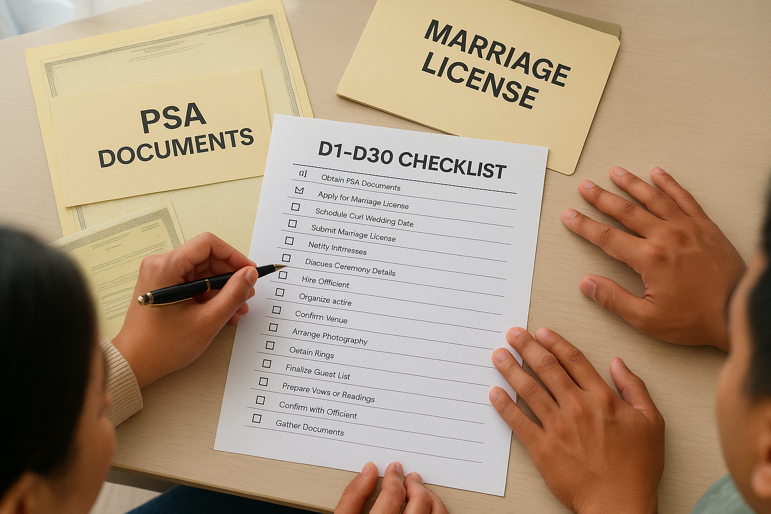 Overhead view of a 30 day civil wedding checklist with PSA papers and license folder