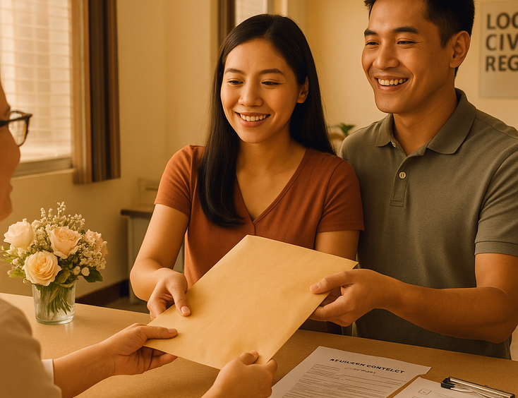 Young Filipino couple submitting signed marriage documents at the LCR counter