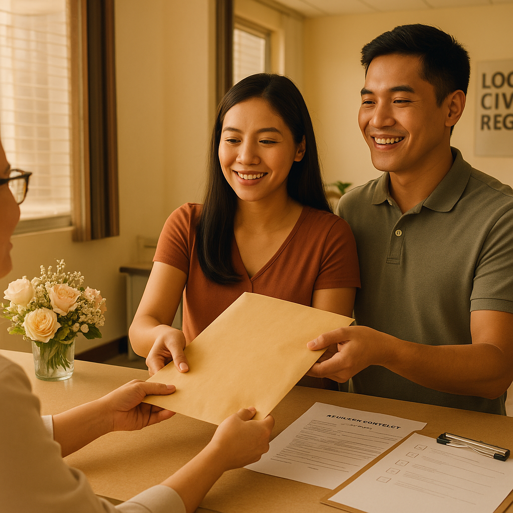 Young Filipino couple submitting signed marriage documents at the LCR counter