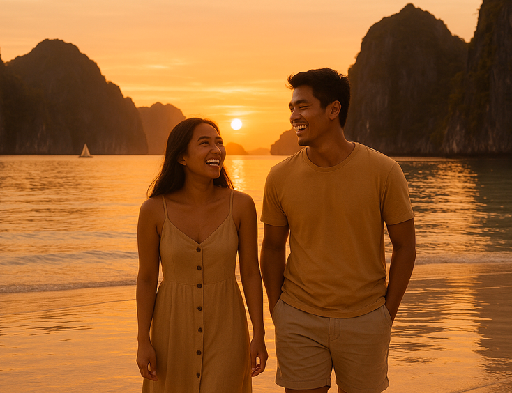 Young Filipino couple on a shallow Palawan sandbar at golden hour limestone cliffs behind and a paraw sail in the distance