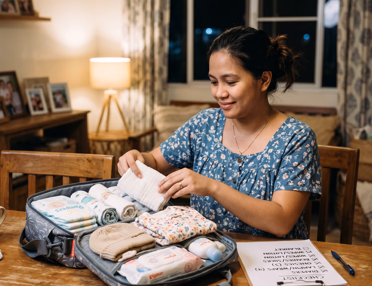 A prepared Filipino mother calmly packs a baby bag with diapers, wraps, and outfits the night before a newborn photo shoot.