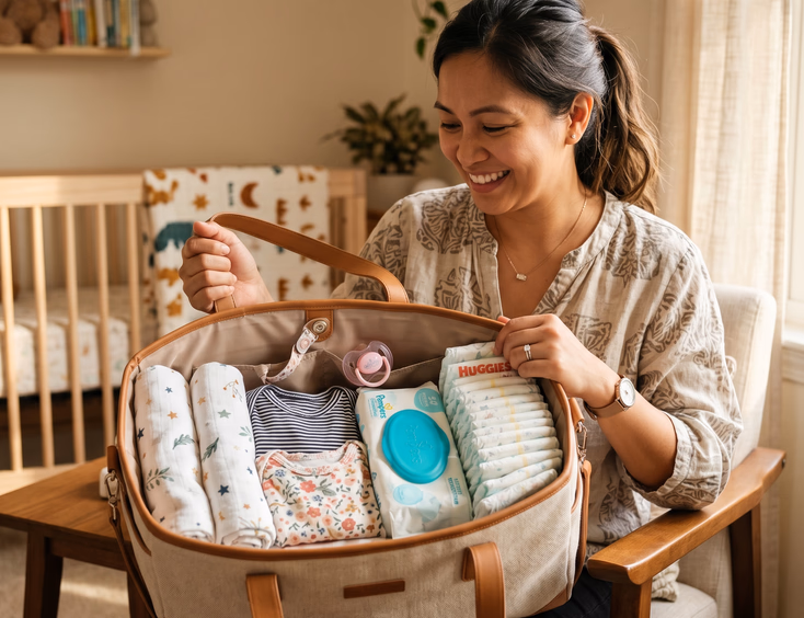 An open baby bag held by a Filipino mother displays neatly arranged diapers, wipes, outfits, and burp cloths in warm light.