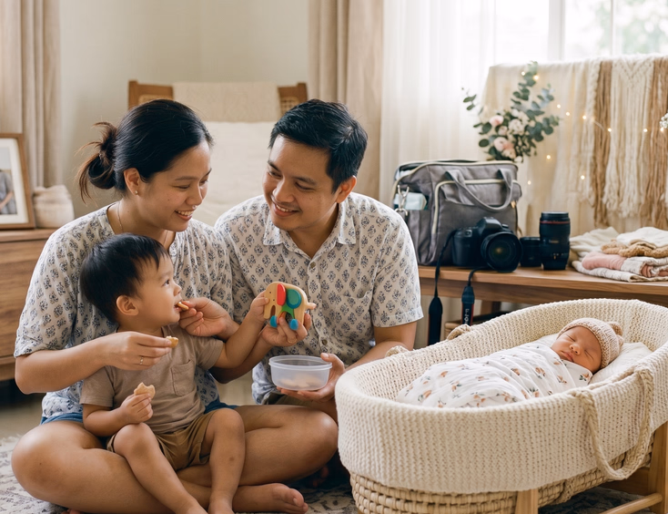 A patient Filipino mother gives her toddler a snack and toy while preparing for a home newborn photo shoot, with the baby nearby.
