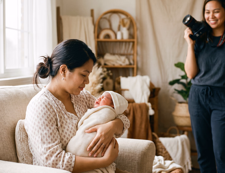 A calm Filipino mother gently soothes a fussy newborn during a photo session while the photographer waits patiently nearby.