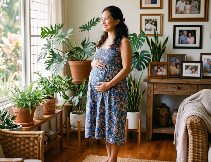 A pregnant Filipino mother in her third trimester stands in a bright, sunlit home, cradling her belly in a warm and hopeful atmosphere.