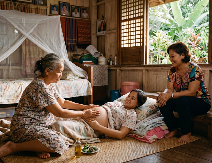 A Filipino grandmother performs a traditional hilot prenatal massage on a pregnant woman inside a cozy provincial home with capiz windows.