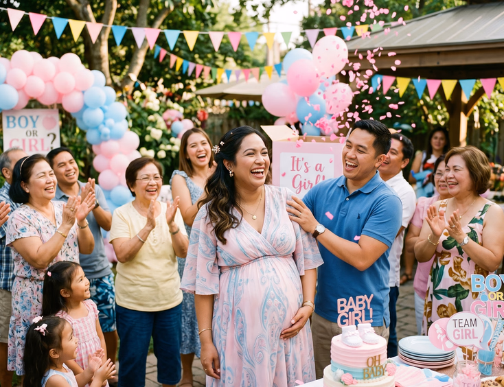A joyful Filipino outdoor baby shower and gender reveal celebration featuring a smiling pregnant woman surrounded by colorful balloons.