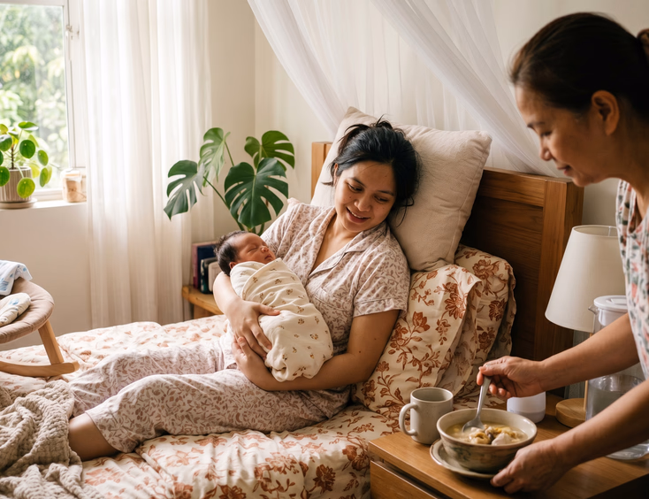 A content new Filipino mother rests in bed while cradling her sleeping newborn, as her mother serves a warm bowl of soup in a cozy bedroom.