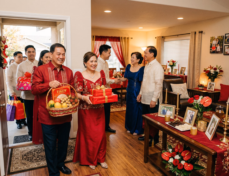 Wide shot of the groom's Filipino family arriving at the front door carrying red-wrapped gifts and tikoy while the bride's family waits inside a decorated living room during a traditional Tinghun ceremony