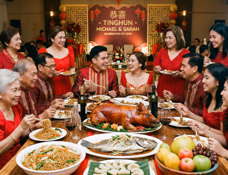 Three generations of Filipino family members in red and gold formal attire seated at a long dining table filled with traditional Tinghun dishes including lechon, steamed fish, noodles, and tikoy with the young couple at the center
