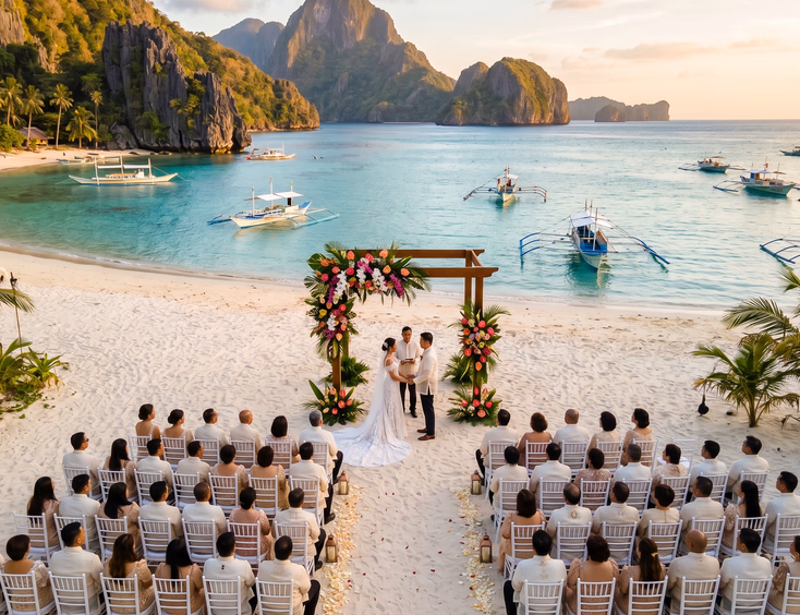 Aerial drone view of a Filipino beach wedding ceremony in El Nido Palawan with a bride and groom standing at a tropical flower arch surrounded by guests, turquoise sea, and limestone cliffs at golden hour.