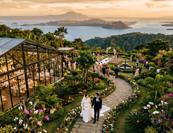 Aerial shot of a Filipino bride and groom walking hand in hand through a Tagaytay garden wedding venue with lush landscaped gardens, a glass pavilion, and Taal Volcano in the background at golden hour.