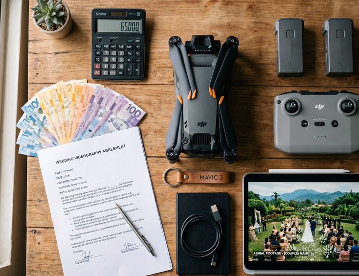 Flat-lay of drone videography equipment on a wooden table including a DJI Mavic 3, spare batteries, a remote controller, a wedding package contract, Philippine peso bills, and a tablet showing aerial wedding footage.