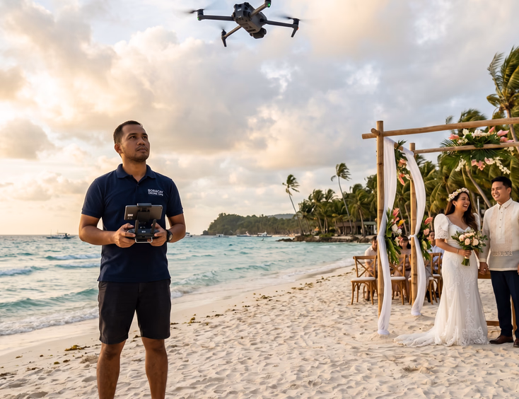 Filipino drone operator on a Boracay beach controlling a hovering drone with a Filipino bride and groom waiting near a ceremony arch against a backdrop of palm trees, white sand, and turquoise water.