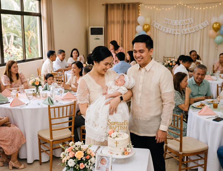 Filipino family celebrates a baby's baptism reception in a clubhouse function room with guests, a barong tagalog, and a cake table.