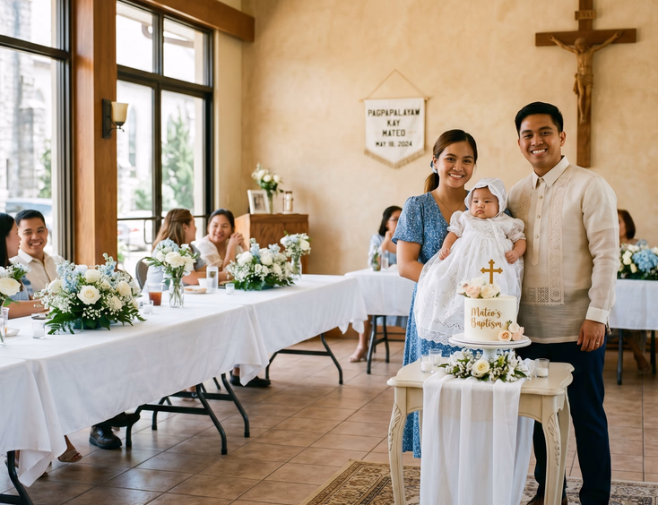Simple Filipino baptism reception setup inside a parish function hall with a family standing by a cake table near a wooden crucifix.