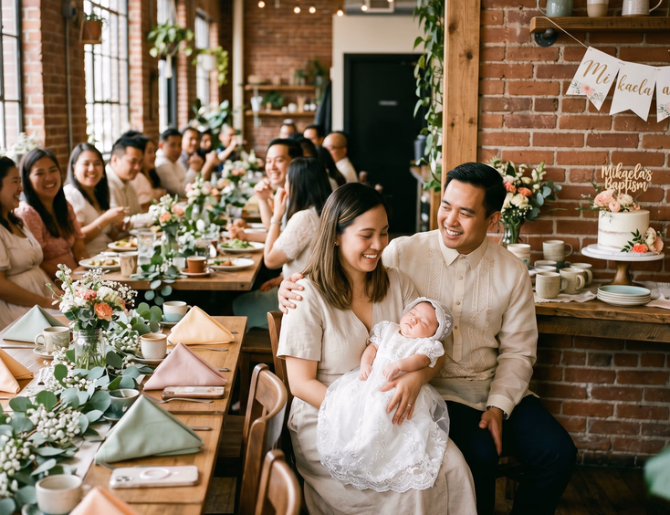 Cozy specialty cafe venue for a Filipino baptism celebration featuring a mother holding her baby in a gown next to a dessert nook.